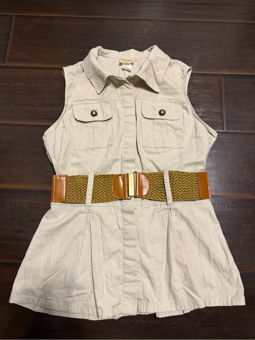 Pretty Good Sleeveless Cream Utility Top with Woven Brown Belt